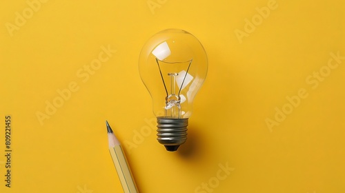 Business creativity and inspiration concepts are conveyed with a lightbulb and pencil against a yellow background, motivating for success and encouraging big ideas.