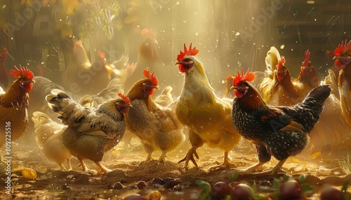 Flock of chickens pecking grains in a sunlit barnyard scene