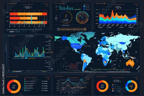 Detailed map of world with various data points and indicators displayed for analysis, A digital dashboard tracking key performance indicators