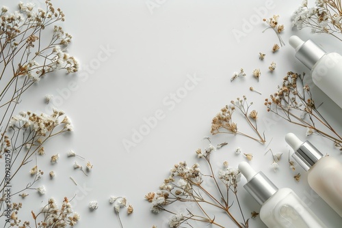 A white background with three bottles of makeup and some flowers