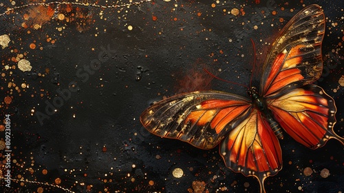 A butterfly is sitting on a black background with gold and orange colors