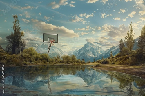 A painting showcasing a basketball hoop suspended over a serene lake, creating a unique visual contrast, A dreamlike scene featuring a basketball hoop floating in a serene landscape