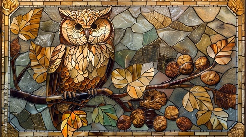 A stained glass owl is perched on a branch with leaves and nuts