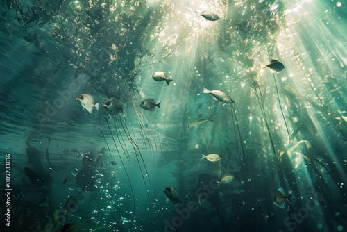 Numerous fish swimming together in a large body of water, creating a mesmerizing sight in the underwater world, A dreamy underwater world with shimmering fish and dancing seaweed