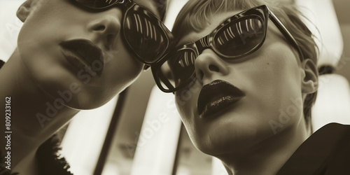 Twiggy girls concept. Close up portrait of two movie actresses wearing luxurious sunglasses and posing to a paparazzi. Old european films style. Monochrome sepia indoor shot