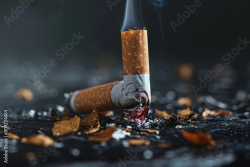 A lit cigarette producing dense smoke, filling the air with the scent of tobacco, A faint aroma of tobacco lingering in the air around the half-burnt cigarette