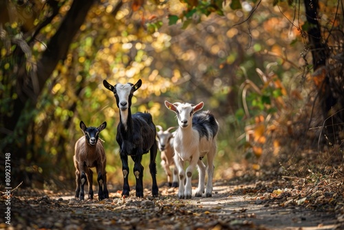 A herd of goats making their way down a dusty dirt road, curious and determined, A family of curious goats exploring their surroundings