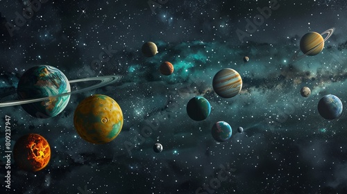 Image of planets in fantastic space against dark