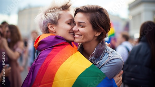 Beautiful young lesbian couple hugging and holding. Lesbian couple hugging outdoors. LGBT rainbow flag.