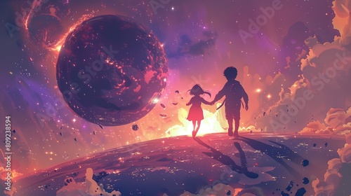 A novel cover illustration depicting a boy and girl in futuristic space gear, holding hands as they float above a shimmering alien planet, the galaxy stretching out infinitely behind them.