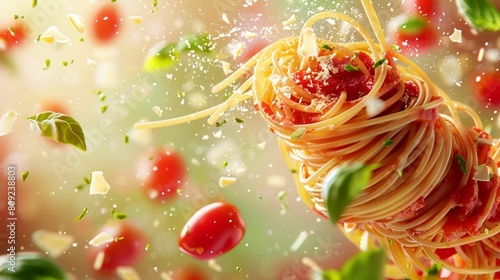 A stunning 3D illustration of spaghetti strands elegantly suspended in mid-air, with a cascade of tomato sauce, basil leaves, and Parmesan flakes, creating a symphony of ingredients against a vibrant 
