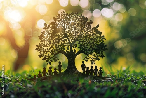 A tree with people shapes cut out of its trunk and branches, A family tree with branches bending and twisting to represent different generations and connections