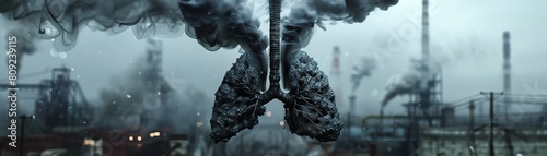 Abstract 3D art of smoke shaping into black lungs, set in an industrial environment, symbolizing environmental hazards
