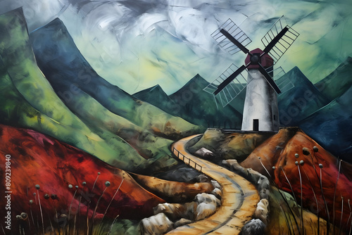 melancholic mountain adjacent to windmill. abstract landscape painting, generative ai