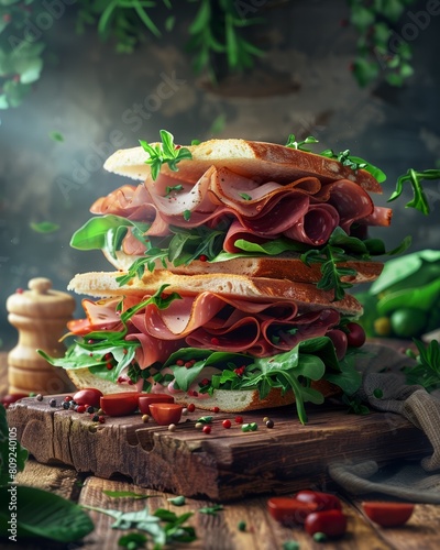 Artisan sandwich on rustic wood, close-up of fresh ciabatta bread, layered with gourmet meats and vibrant greens