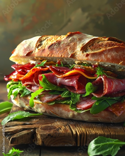 Artisan sandwich on rustic wood, close-up of fresh ciabatta bread, layered with gourmet meats and vibrant greens