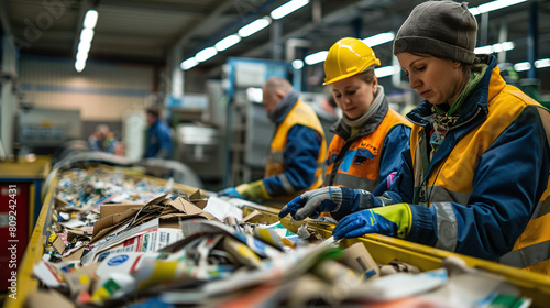 Workers sorting carboard and paper at recycling plant, save the planet