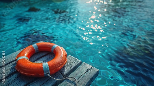 Orange lifebuoy on a wooden pier by a sparkling blue pool