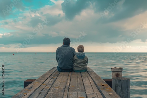 Man and child seated on pier, gazing out at sea, A father and son sitting on a pier, looking out at the ocean
