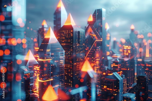 digital buildings of glowing 3d triangular polygons in city