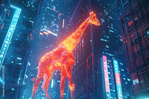 digital glowing giraffe of 3d triangular polygons among city skyscrapers