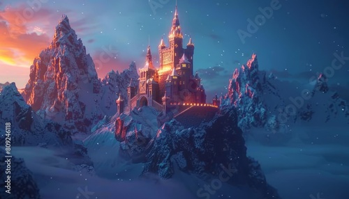 digital glowing medieval castle in the mountains of 3d triangular polygons