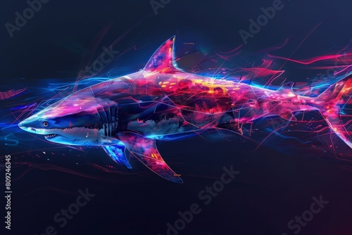 digital glowing shark of 3d triangular polygons