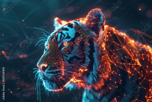 digital glowing tiger of 3d triangular polygons