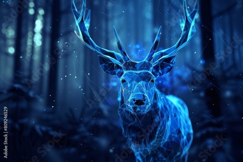 digital glowing elk of 3d triangular polygons in winter forest