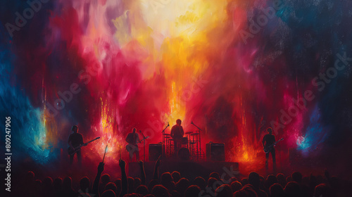 A painting of a rock band performing on stage with a crowd of people watching