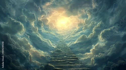 a painting of a stairway leading to heaven with clouds