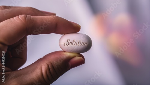 Hand holding a pill with word solution, concept close-up photo, fingers hold medication