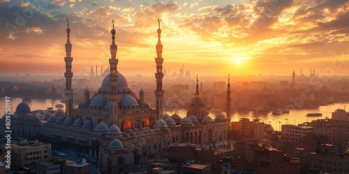 Breathtaking Sunrise Over Muslim City Skyline with Mosque and River View