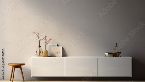 a white dresser with a vase