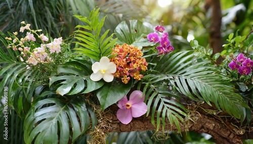 tropical vibes plant bush floral arrangement with tropical leaves monstera and fern and vanda orchids tropical flower decor on tree branch liana vine plant