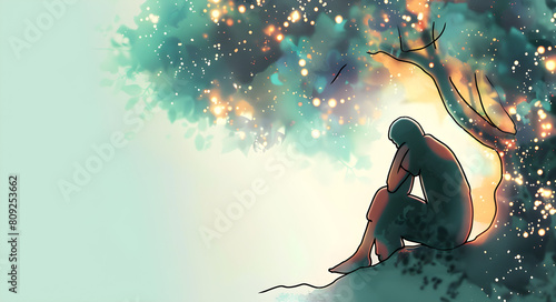 A digital illustration of a person sitting under a tree with a serene, dreamy atmosphere, depicting solitude and contemplation.