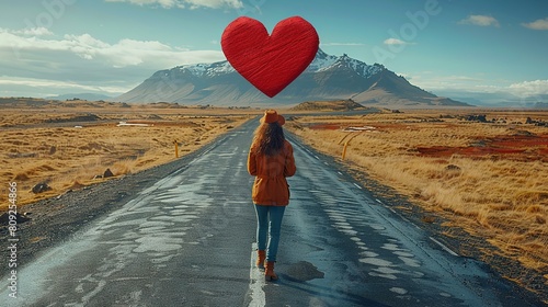  A woman strolls along a path, clutching a red heart-shaped balloon atop her head