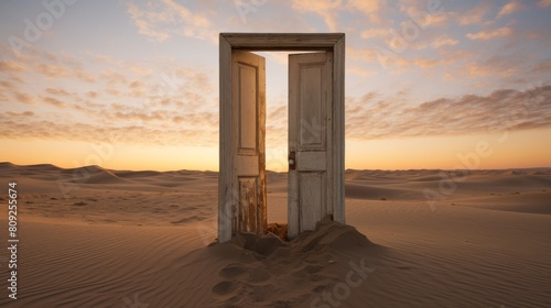 Surreal Image Of A Vintage Door In The Middle Of Desert Dunes. Generative AI