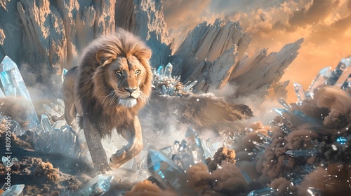 Majestic Lion Prowling Through Surreal Dreamworld with Mist Shrouded Cliffs and Luminous Crystals