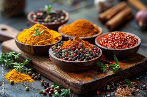 Spices for cooking with kitchen accessories on old background