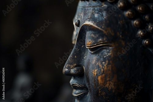 Close-up of the head of a wooden Buddha statue on a dark background, concept of Buddhism, spiritual balance, mental practices and tranquility, Asian tradition culture, photorealistic, space for text