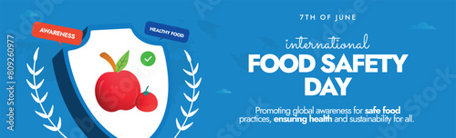World Food safety Day. Food safety cover banner with health icons, medical shield, fruits, vegetables, world map silhouette and Apple. 7th June healthy food day with blue background. Eat Healthy