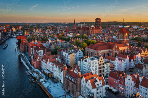 Aerial landscape of the Main Town of Gdansk by the Motlawa river, Poland.