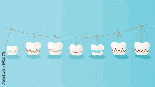Round icon row of teeth with braces and dental flos