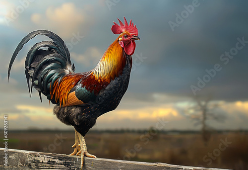 Rooster standing on fence. An rooster is standing on a wooden board