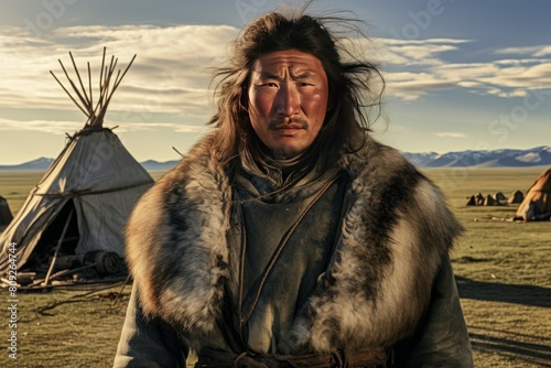 A solemn mongolian man in traditional attire stands before nomadic gers at dusk