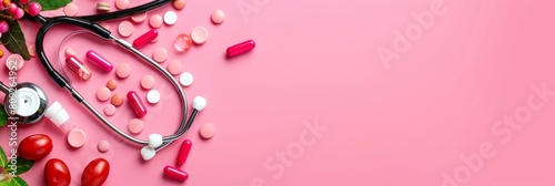 A pink background with a stethoscope and a bunch of pills. The pills are in different colors and shapes