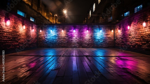 Dramatic Brick Wall with Colorful Neon Lights in Urban Setting