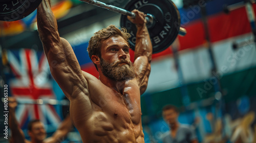 Male athlete lifting barbell at summer Olympic games