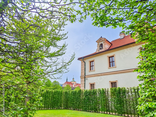 Prague- Czech- 8 April 2024: Wallenstein gardens with baroque palace in Prague